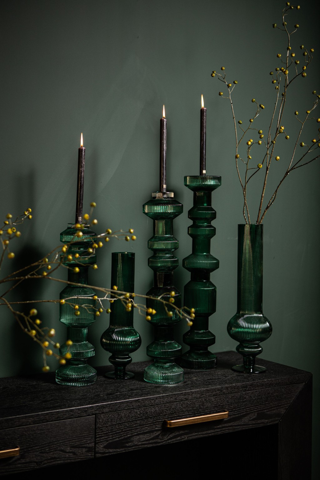 Keala Dark Green Round Ribbed Glass Vase On Base S