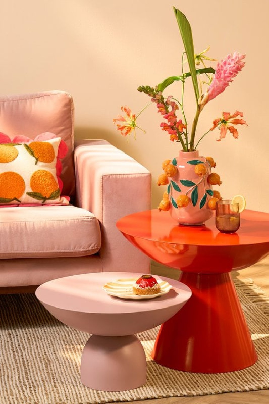 Oranges Decorative cushion - L65 x B45 x H10 cm - Cotton - Off -White, Orange, Pink