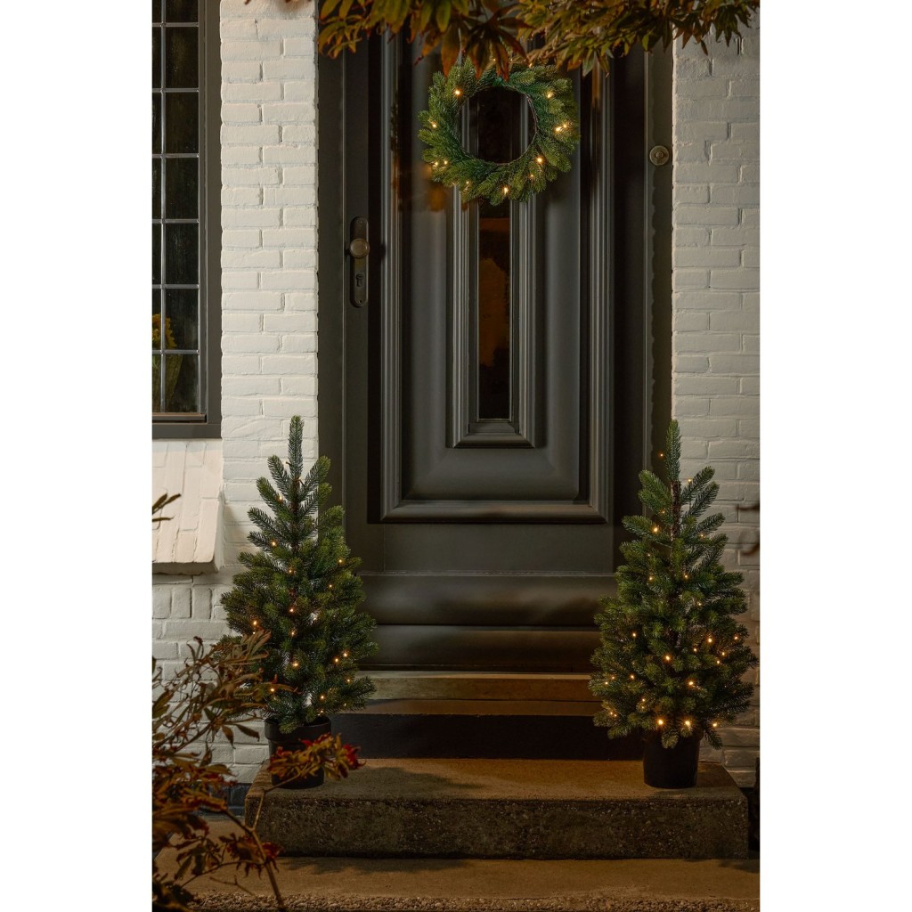 Nagoya Set van 2 Kerstbomen en 1 Kerstkrans voor Buiten met LED Verlichting en Timerfunctie - H90 x Ø45 cm - Groen