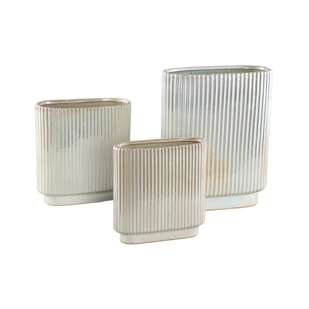 Eviera Pearl Shiny Glazed Ceramic Pot Ribbed Oval M