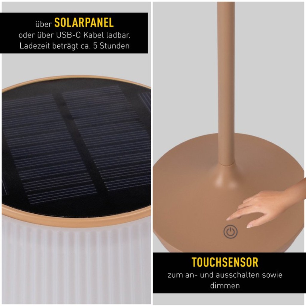 Solar battery lamp "Emmi" 38 cm high, umbrella Ø 13 cm, metal in almond and white plastic, for the outdoor area, dimmable CCT.