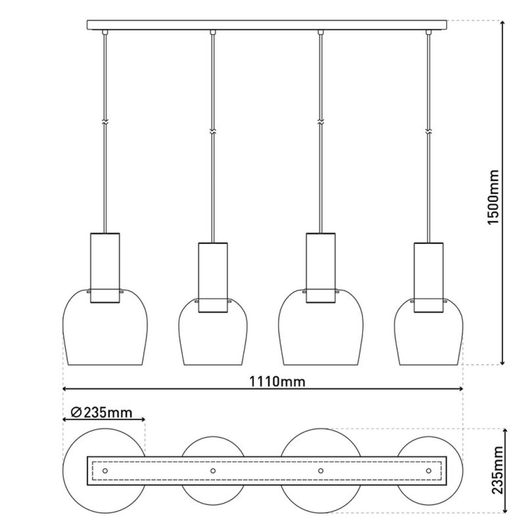 4-be pendant lamp "Funda", retro pendant lamp made of amber-colored glass and matt brushed, brass-colored metal, with E27 verticals, 111 cm long, 150 high, ideal for dining room, living room and kitchen.