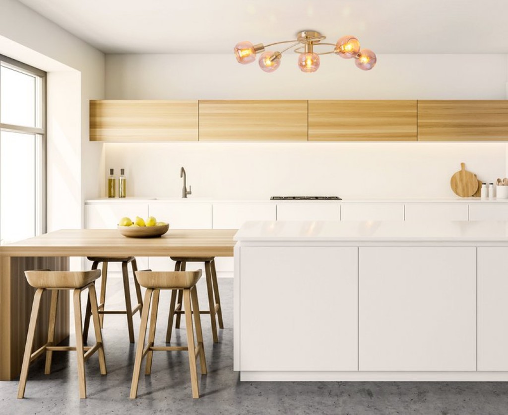 5er Spot/Deckenleuchte "LIBBY" Messing, klassische Deckenlampe aus messingfarbenem Metall und getöntem Glas in Amber, mit E14-Fassung, für Esszimmer, Wohnzimmer, Diele oder Büro, 65,5 cm lang