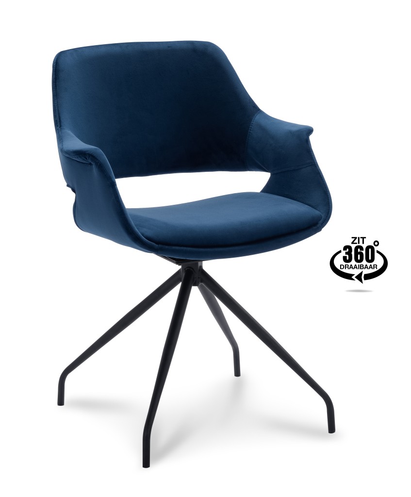 Belmonte 360° Velvet Eetkamerstoel | Zwart Onderstel | Met Armleuning - Dark grey