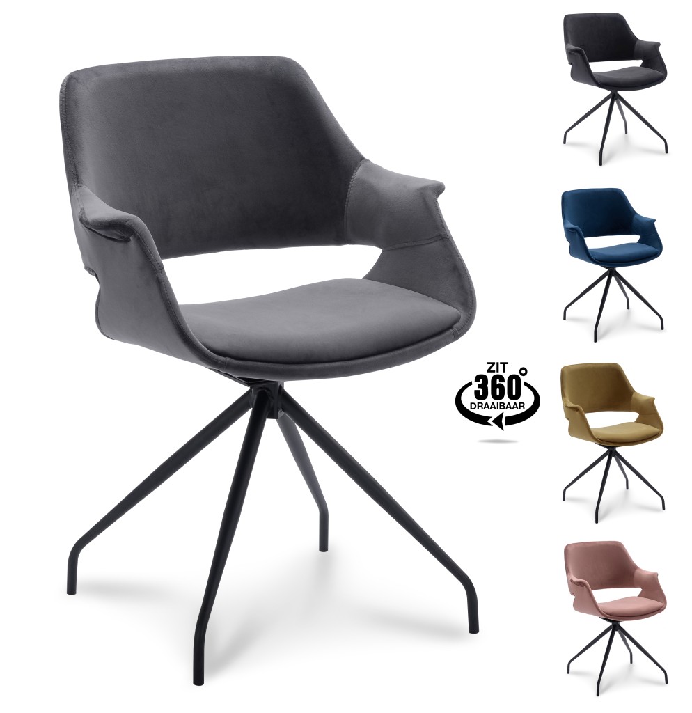 Belmonte 360° Velvet Eetkamerstoel | Zwart Onderstel | Met Armleuning - Dark grey