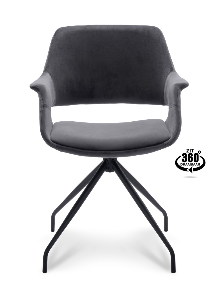 Belmonte 360° Velvet Eetkamerstoel | Zwart Onderstel | Met Armleuning - Dark grey