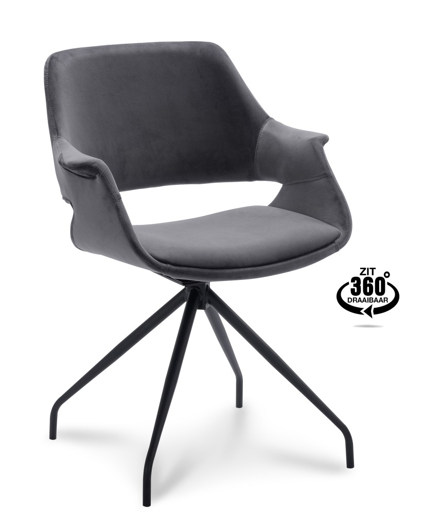 Belmonte 360° Velvet Eetkamerstoel | Zwart Onderstel | Met Armleuning - Dark grey