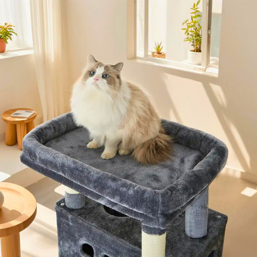 Krabpaal Groot 170 cm | Voor Grote Katten & Maine Coons | Meerdere Verdiepingen | 8 Krabpalen | 2 Holletjes | Lichtgrijs - Lichtgrijs