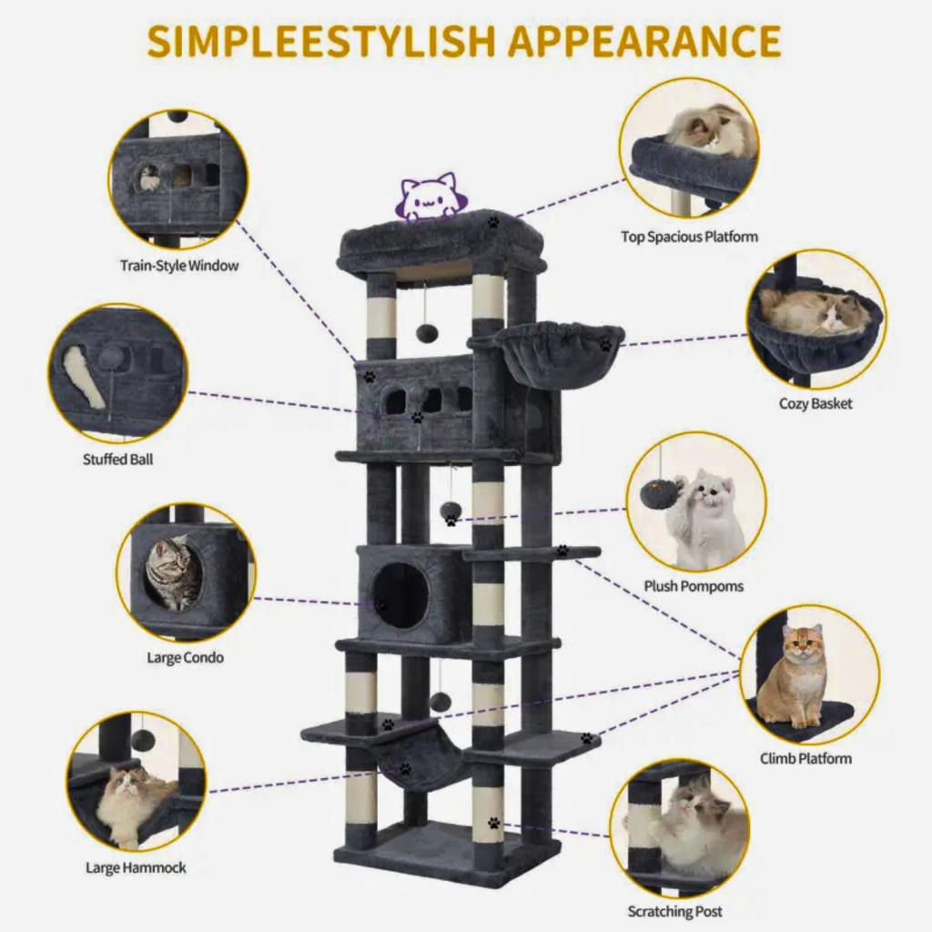 Krabpaal Groot 170 cm | Voor Grote Katten & Maine Coons | Meerdere Verdiepingen | 8 Krabpalen | 2 Holletjes | Lichtgrijs - Lichtgrijs