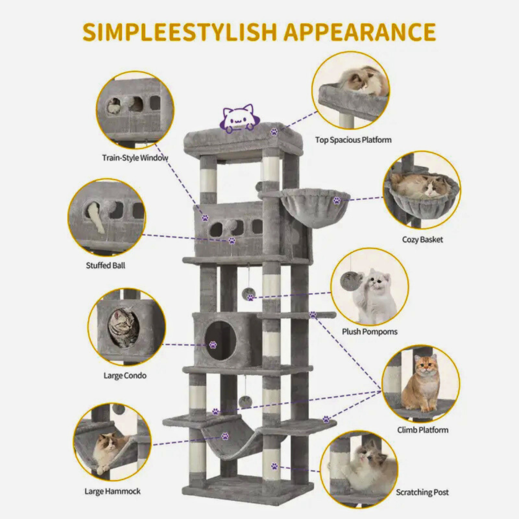 Krabpaal Groot 170 cm | Voor Grote Katten & Maine Coons | Meerdere Verdiepingen | 8 Krabpalen | 2 Holletjes | Lichtgrijs - Lichtgrijs