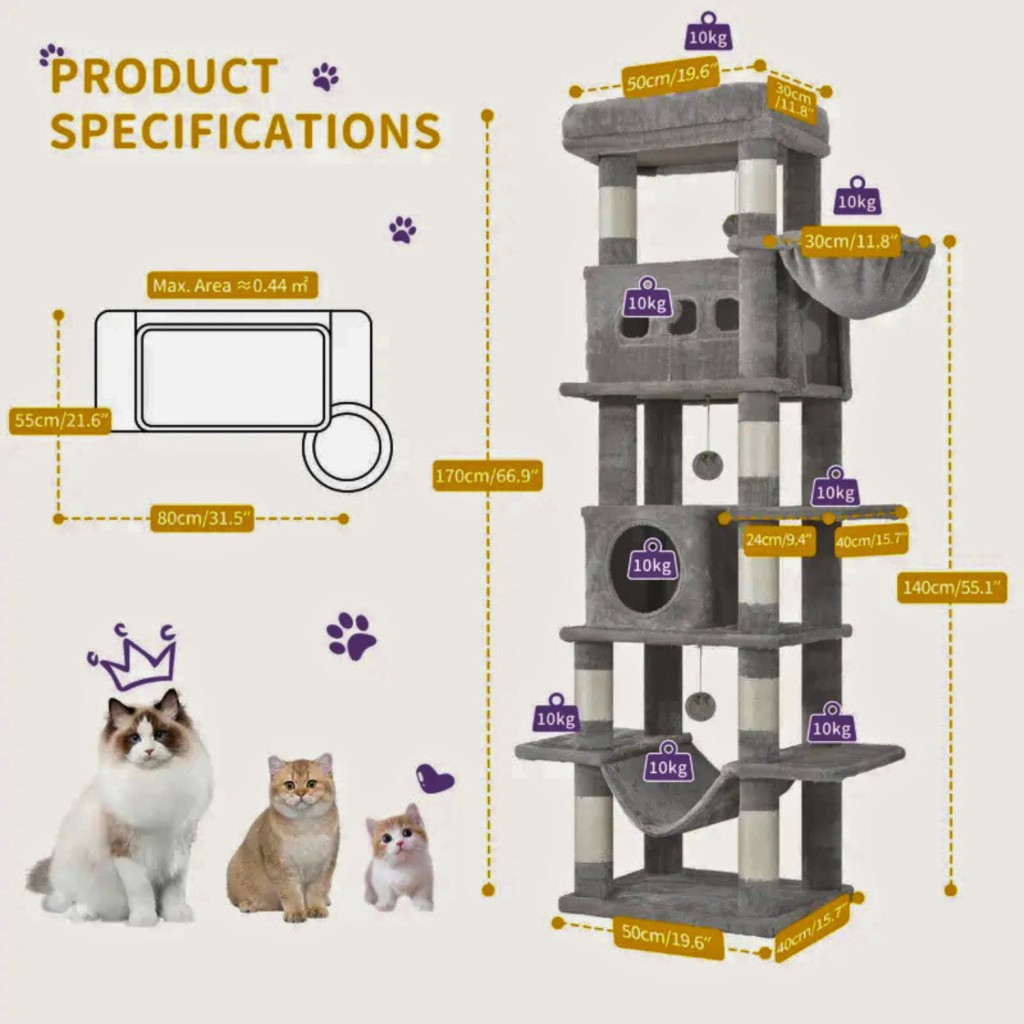 Krabpaal Groot 170 cm | Voor Grote Katten & Maine Coons | Meerdere Verdiepingen | 8 Krabpalen | 2 Holletjes | Lichtgrijs - Lichtgrijs