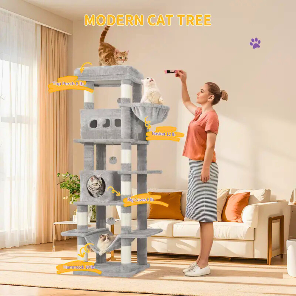 Krabpaal Groot 170 cm | Voor Grote Katten & Maine Coons | Meerdere Verdiepingen | 8 Krabpalen | 2 Holletjes | Lichtgrijs - Lichtgrijs