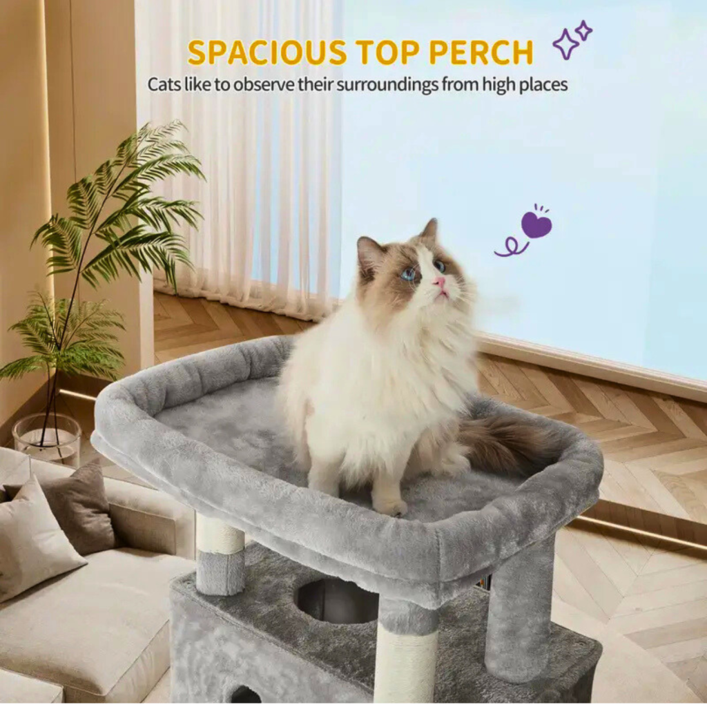 Krabpaal Groot 170 cm | Voor Grote Katten & Maine Coons | Meerdere Verdiepingen | 8 Krabpalen | 2 Holletjes | Lichtgrijs - Lichtgrijs