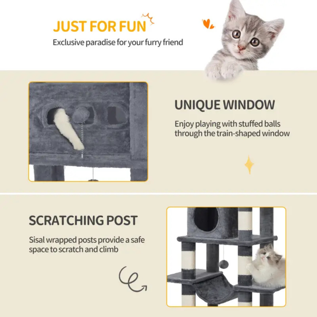 Krabpaal Groot 170 cm | Voor Grote Katten & Maine Coons | Meerdere Verdiepingen | 8 Krabpalen | 2 Holletjes | Lichtgrijs - Lichtgrijs