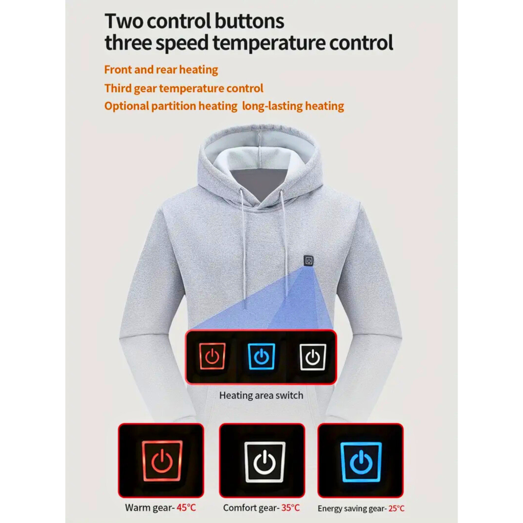 Verwarmde Hoodie met 7 Verwarmingszones | USB Oplaadbaar, 3 Warmtestanden & Capuchon – Heren – Polyester - Grijs - S
