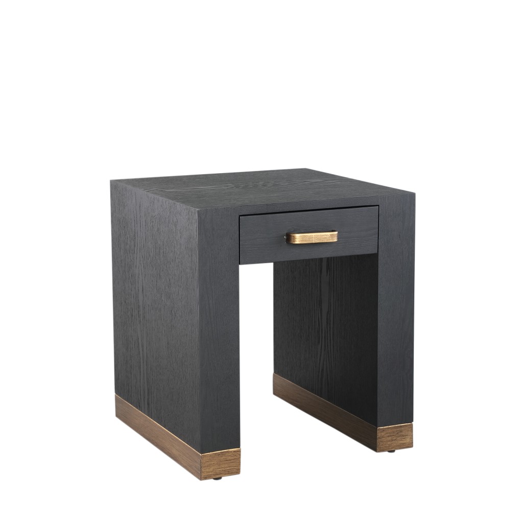Tiess Nachtkastje | Zwart Houtfineer | 1 Lade – Gouden Accenten