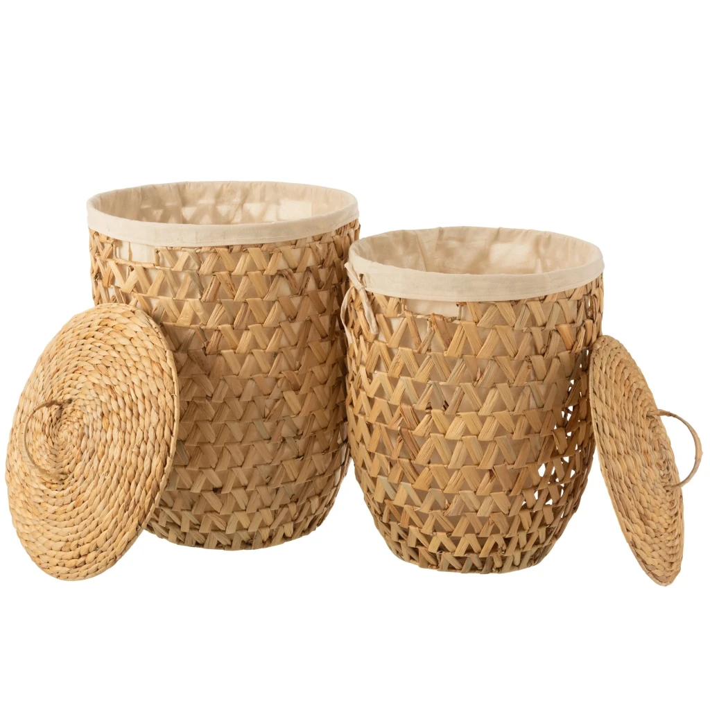 J-Line Set van 2 Wasmanden met Deksel | Handgeweven Waterhyacinth | Naturel – Large & Small
