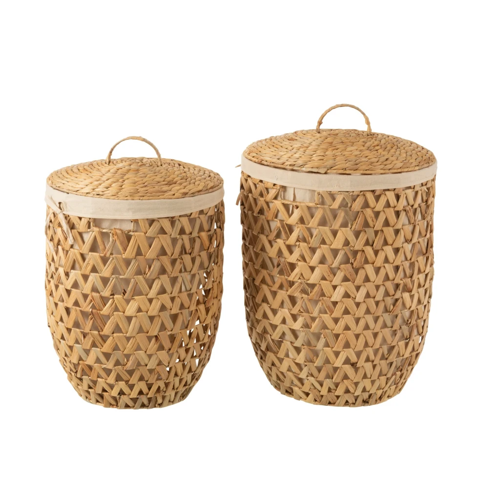 J-Line Set van 2 Wasmanden met Deksel | Handgeweven Waterhyacinth | Naturel – Large & Small