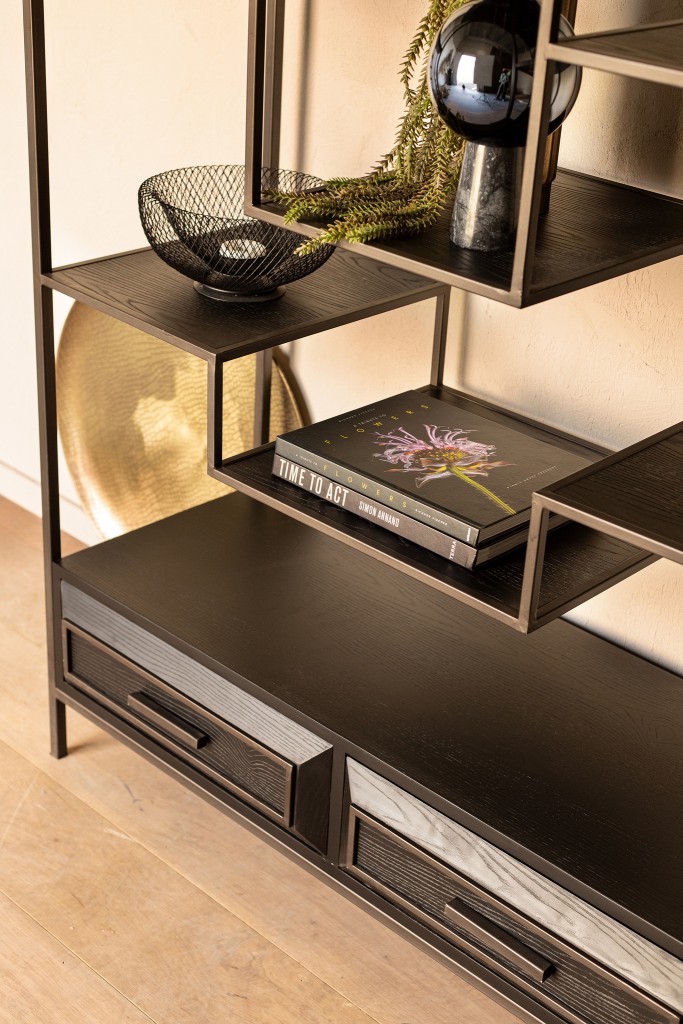 Lixly Black Wood Iron Frame Open Cabinet | Zwarte Houten Open Kast | Metalen Frame – 190 cm Hoog