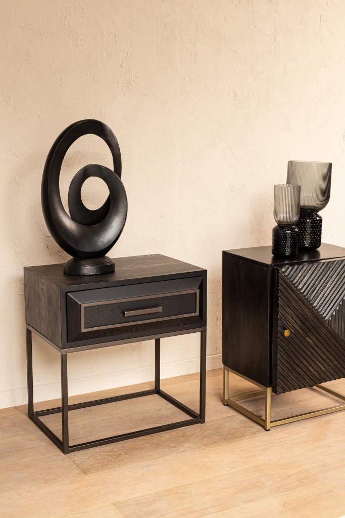 Lixly Bedside Cabinet | Zwart Hout & IJzeren Frame | Nachtkastje