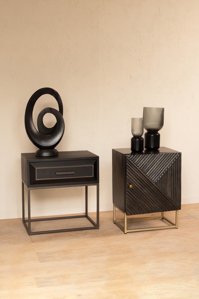 Lixly Bedside Cabinet | Zwart Hout & IJzeren Frame | Nachtkastje