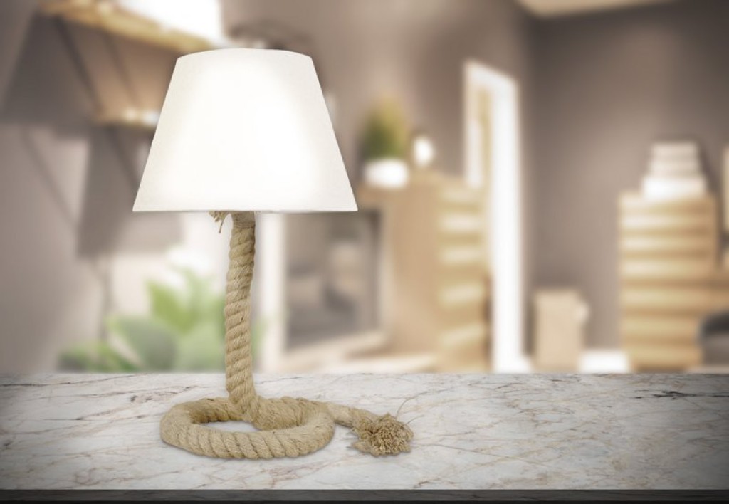 Table lamp with text blower "Rope", table lamp made of metal, plastic, jute and textile in white, with E14 version, for living rooms, hallway or office, 40 cm high
