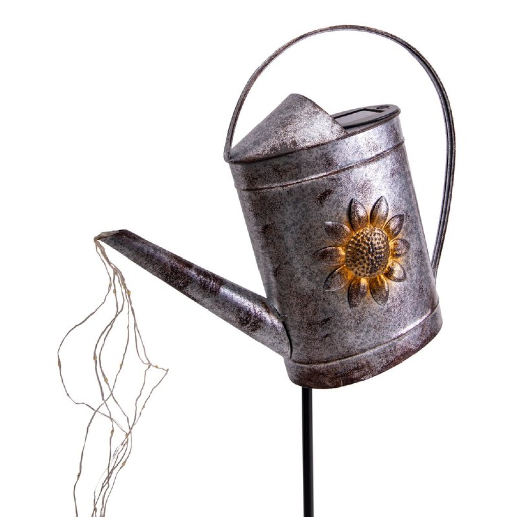 LED solar earth skewer (watering can) h: 110cm galvanized, for outside, ground skewer made of metal and plastic in silver, with integrated LED