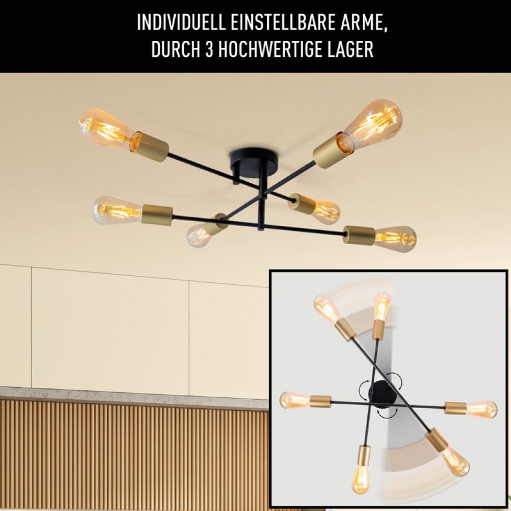 Ceiling light "Modo" 6-flame made of metal in black, versions gold, E27 socket, ceiling lamp for living room, dining room, kitchen, hallway, hallway or office with a Øvon 54.5 cm