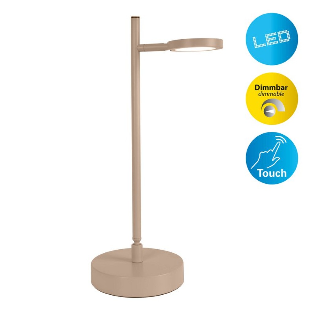 LED cordless table light "Lupa", 45 cm high, made of lacquered aluminum (Frosted almonds, pantone 481 C) and white plastic, LED integrated, dimmable, touch sensor.