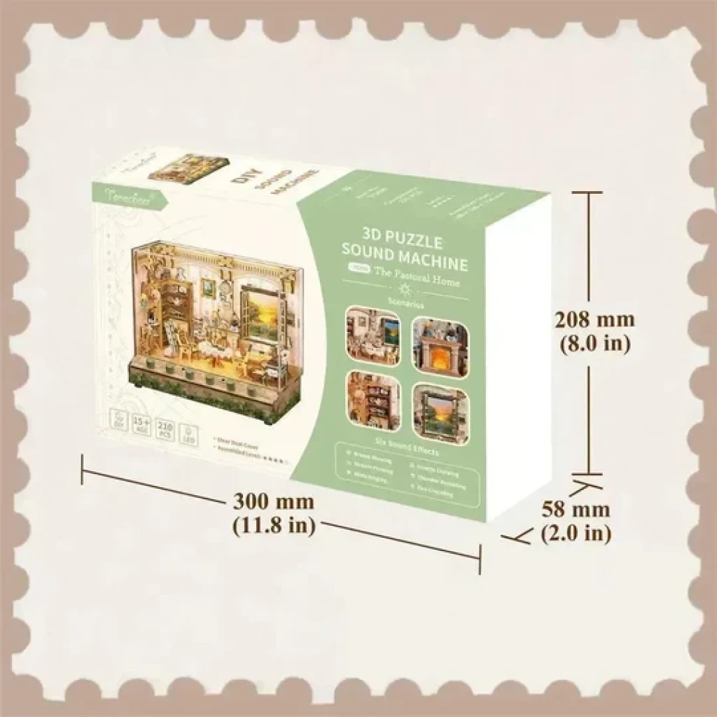 Tonecheer, DIY 3D Houten Puzzel met 6 verschillende geluidseffecten en stofkap, Miniature House The Pastoral Home, TQ400, 18x14,5x15,4cm