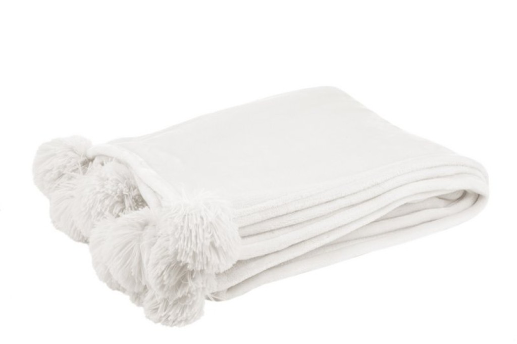 J-Line Plaid Pompom - polyester - wit - 170 x 130 cm