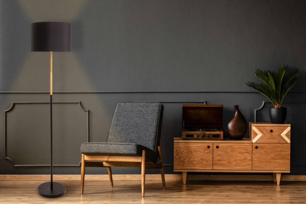 Textile standing lamp "Tessile", floor lamp made of metal, rubber tree and fabric in black, and nature, E27 socket, 126 cm high