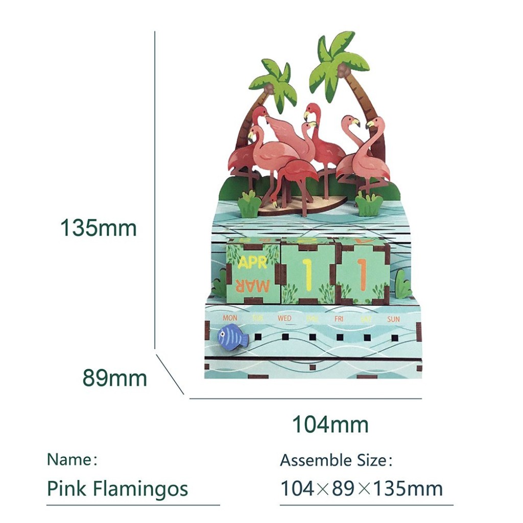 DIY Houten Puzzel Kalender, Pink Flamingos, Tone-Cheer, TQ001, 10,4x8,9x13,5cm