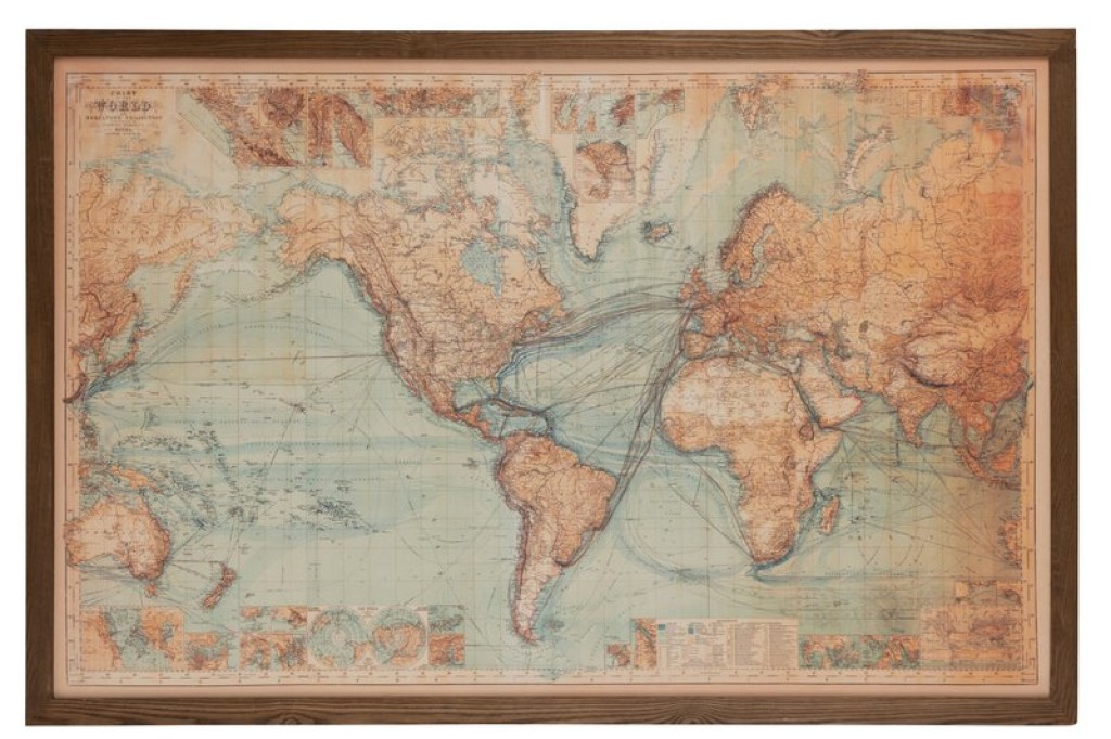 J-Line frame World map LED battery - wood/canvas - brown/natural