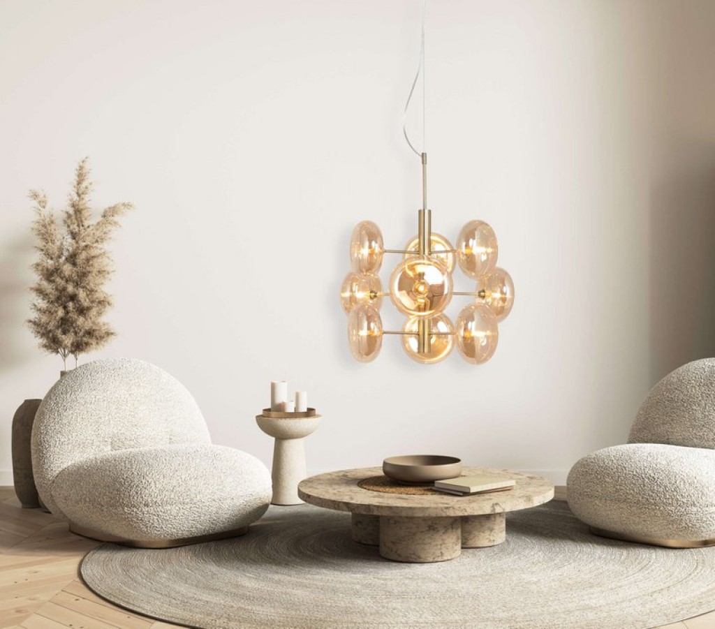 Pendelleuchte "ORION" Ø ca. 53 cm, aus messingfarbenem Metall und Glas in amber, G9-Sockel, Beleuchtung für Wohnzimmer, Esszimmer oder Büro.