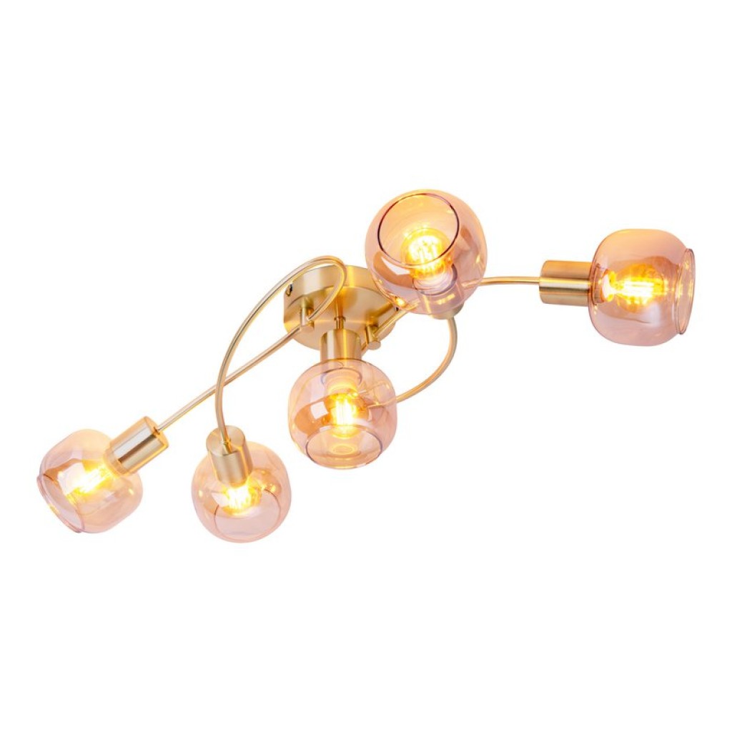 5er Spot/Deckenleuchte "LIBBY" Messing, klassische Deckenlampe aus messingfarbenem Metall und getöntem Glas in Amber, mit E14-Fassung, für Esszimmer, Wohnzimmer, Diele oder Büro, 65,5 cm lang
