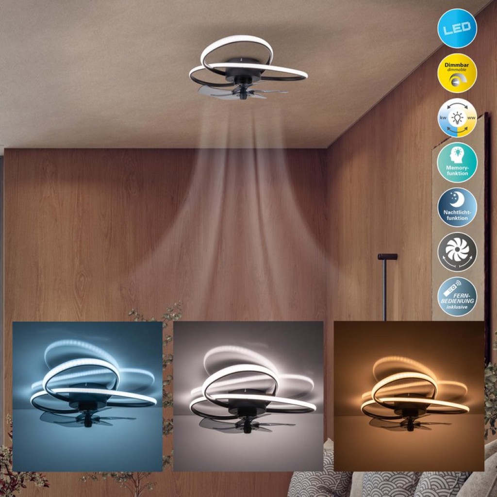 Die moderne LED Deckenleuchte "LECCIO" inklusive Ventilator, Nachtlichtfunktion, Dimmung und Lichttemperatureinstellung ist mit fest verbauten LEDs bestückt und hat einen ungefähren Øvon 58 cm.