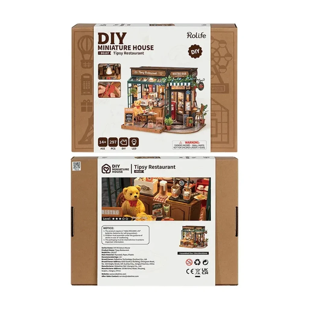 DIY Huisje Tipsy Restaurant with LED lighting, Robotime, DG167, 18x18x24cm