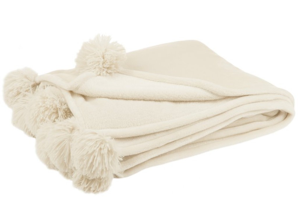 J-Line Plaid Pompom - polyester - creme - 170 x 130 cm