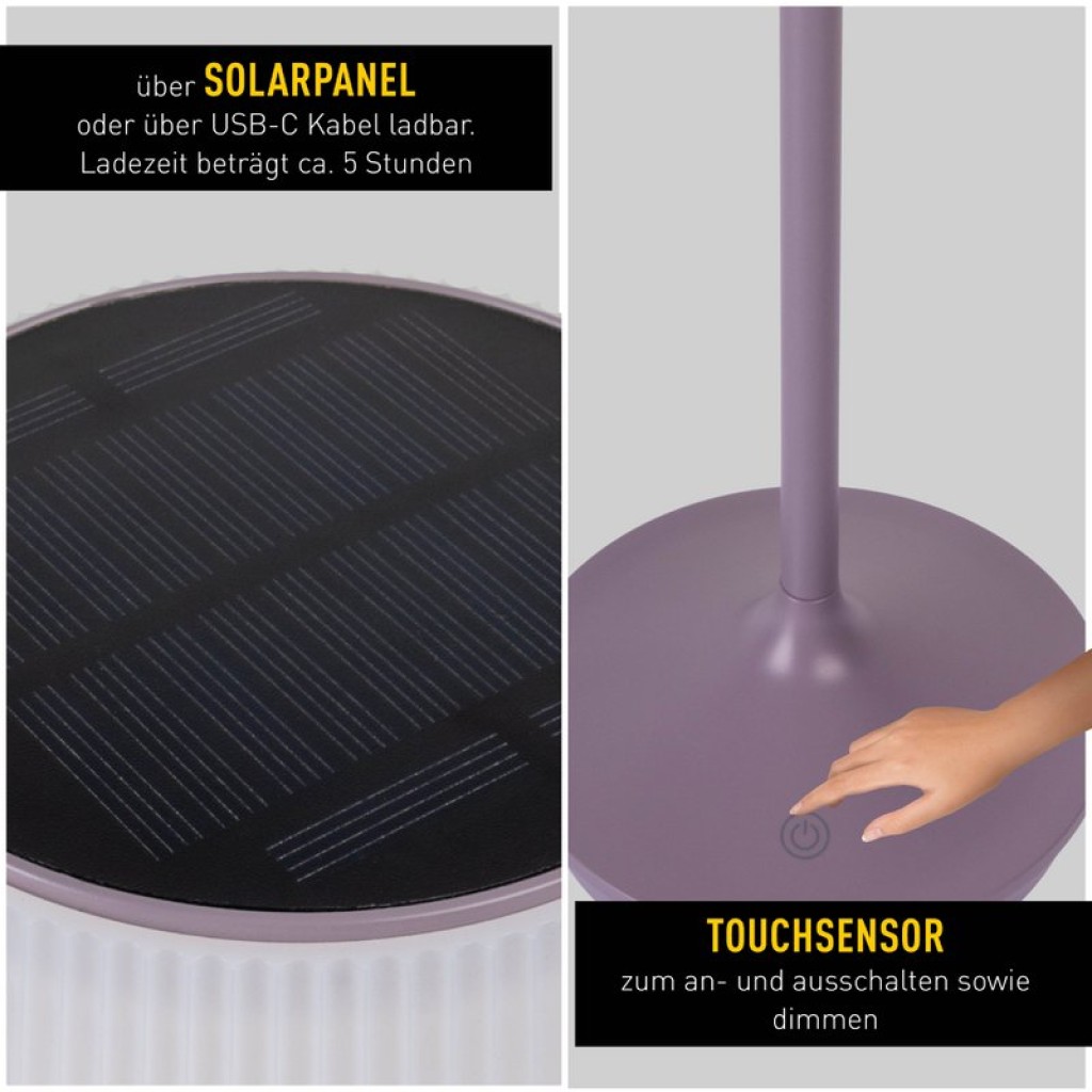 Solar battery lamp "Emmi" 38 cm high, umbrella Ø 13 cm, metal in blackberry and white plastic, for the outdoor area, dimmable CCT.