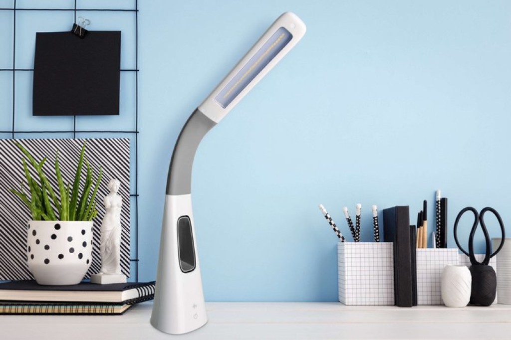 LED table light "Ventu" with fan, with touch, dimmable, made of white plastic, firmly built-in LEDs, 40 cm high