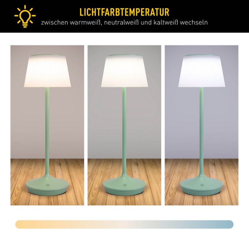 Solar battery lamp "Emmi" 38 cm high, umbrella Ø 13 cm, metal in MINT and white plastic, for the outdoor area, dimmable CCT.