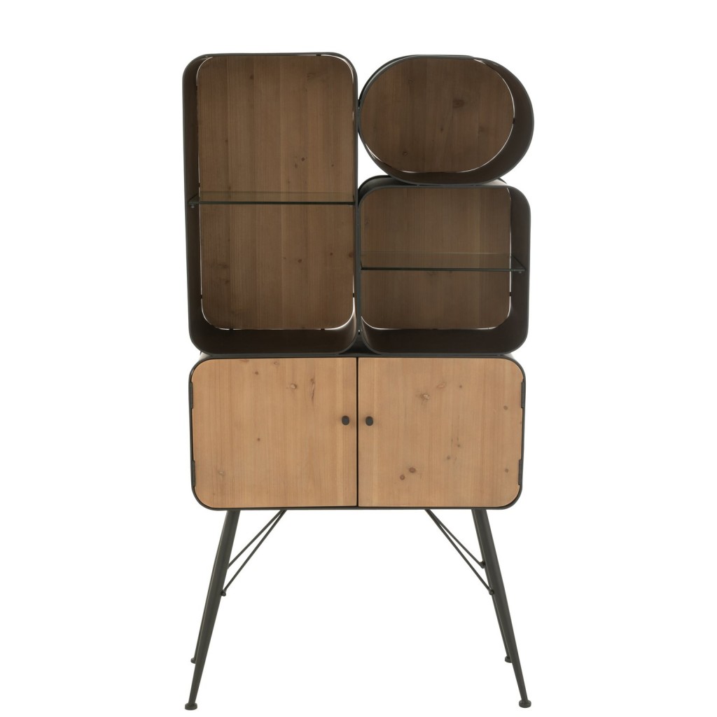 J-Line rek Wood And Metal Shelves - dennenhout - zwart/lichtbeige