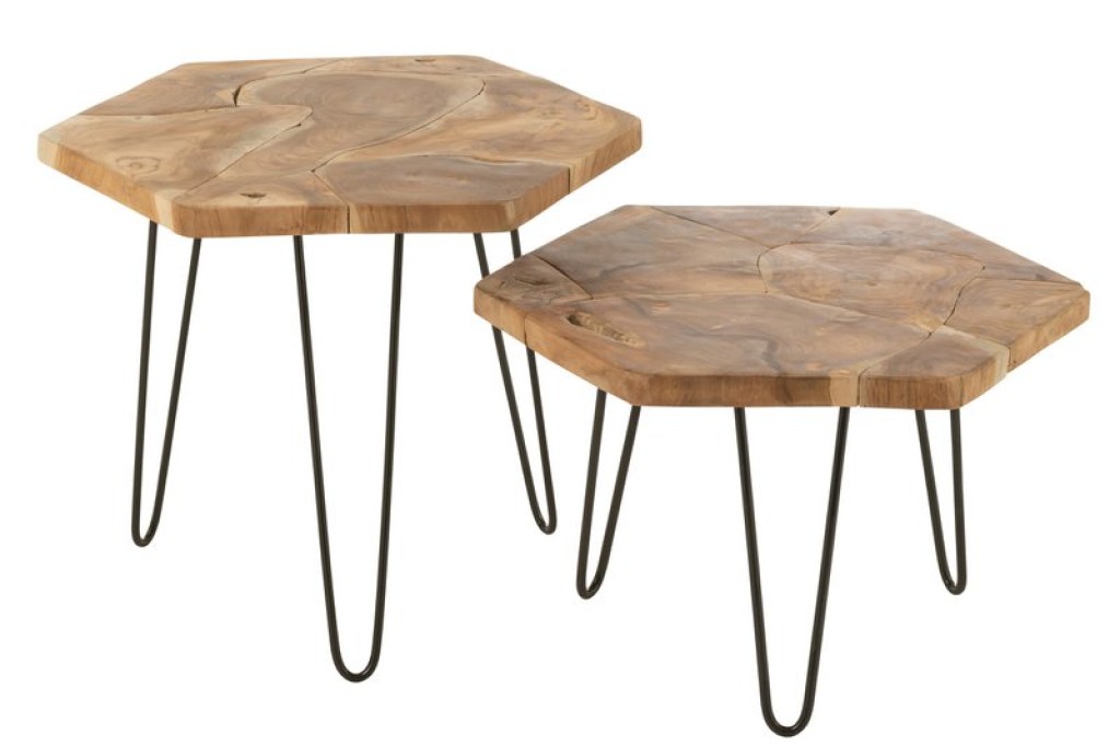 J-Line Set Of Two Side Table Hexagon Teak Wood/Metal Naturel