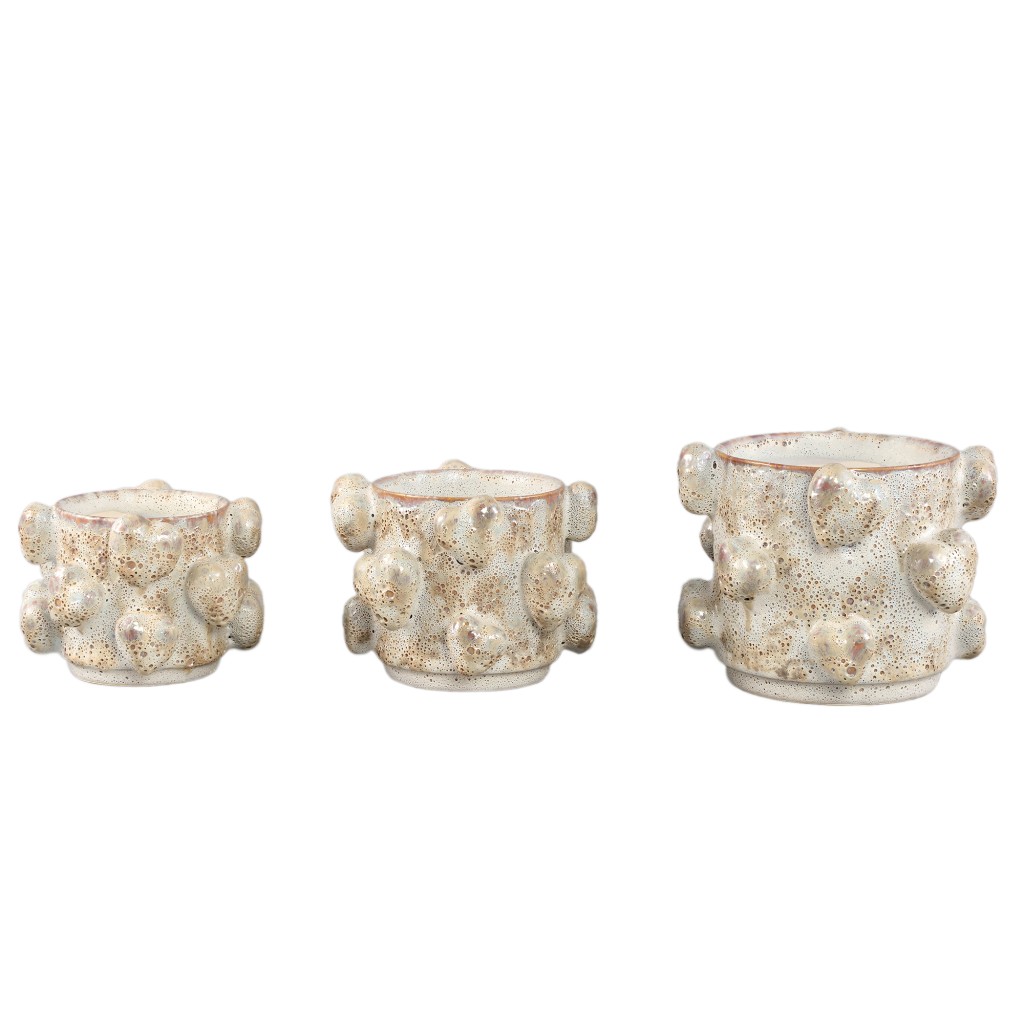Valentin Cream Rough Ceramic Pot 3D Hearts Low L