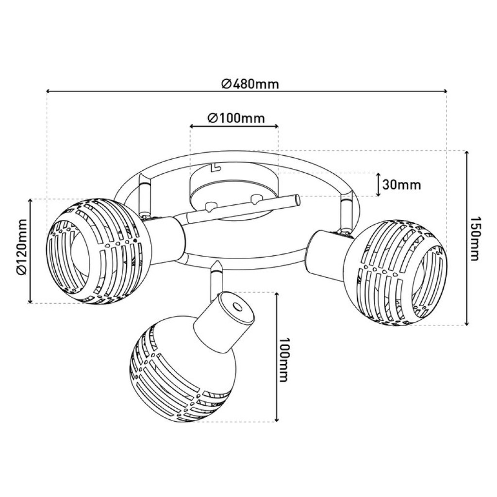3-seater wall and ceiling rondel Spot "Casco" made of metal in black, and gold, with E27 version, Øca. 48 cm. Stylish lighting for living room, dining room or kitchen.