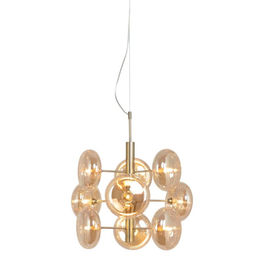 Pendelleuchte "ORION" Ø ca. 53 cm, aus messingfarbenem Metall und Glas in amber, G9-Sockel, Beleuchtung für Wohnzimmer, Esszimmer oder Büro.
