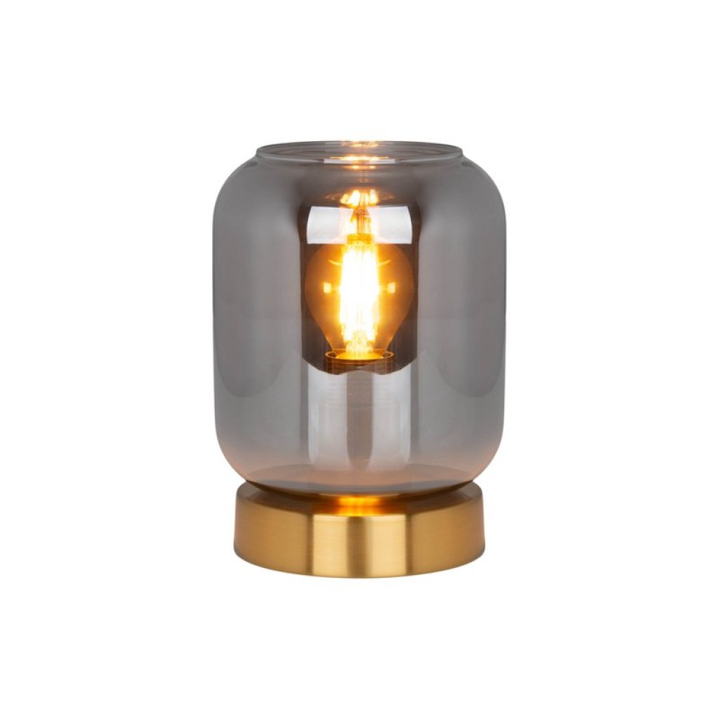 Glass table light "Alessio", 17 cm high, Ø 12 cm, gold-colored metal, smoke glass, E14