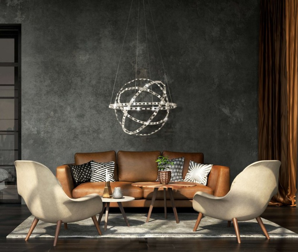LED pendant lamp "Cosmos" metal and plastic in chrome, Ø60 cm, with firmly built -in LEDs, lighting for living room, dining room or office.