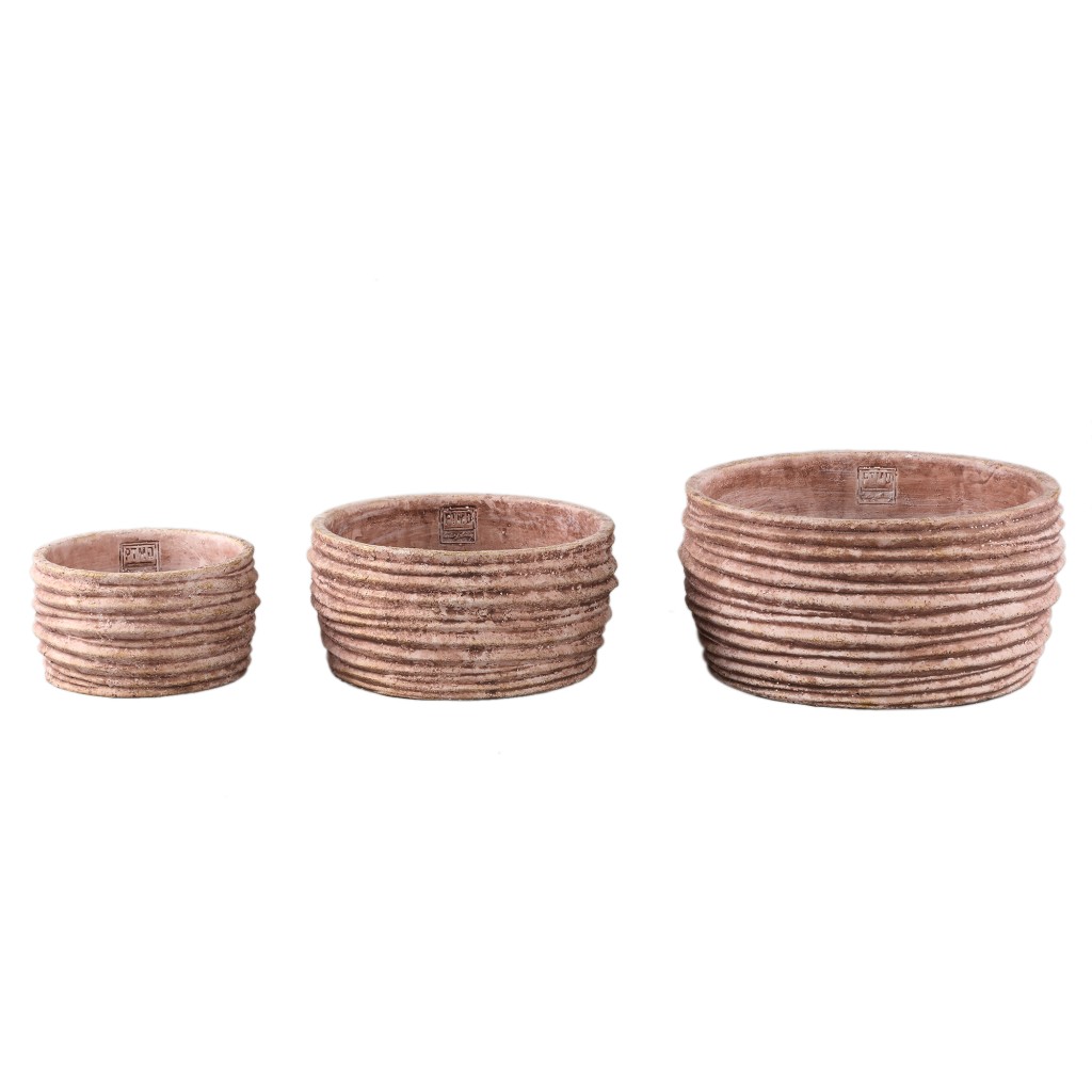 Einnas Brown Round Cement Pot Ribbed Low L
